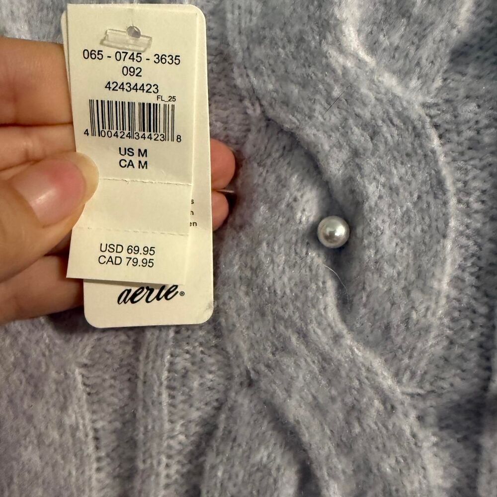 Aerie Cable Knit Sweater NWT Size Medium Heather Grey Pearl Beads Crew Neck - Picture 7 of 7